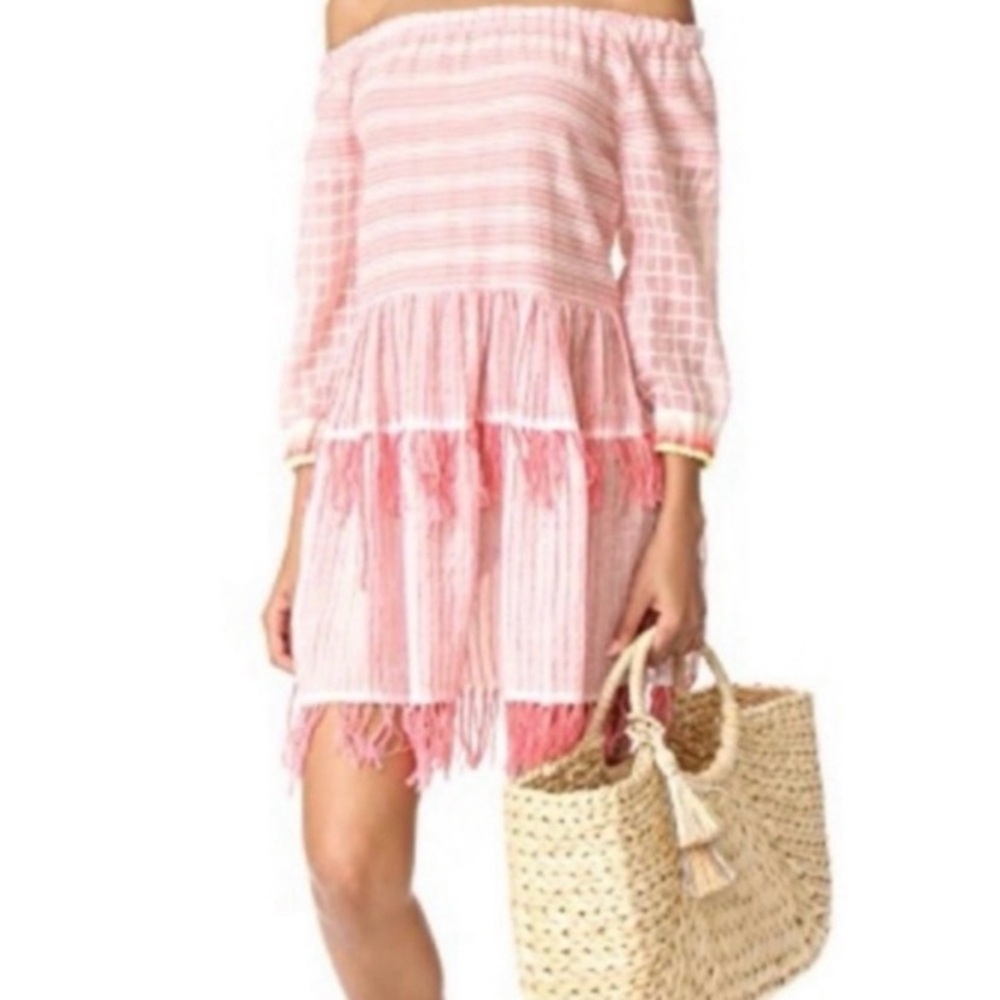 🍒Lemlem Cotton Dress Fringe Stripe - Pink - Boho Size Small NET-A-PORTER - NWT